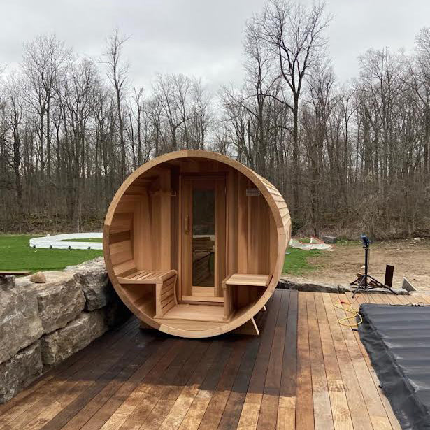 7' × 8' Oversized Panoramic View Barrel sauna, for 6-8 people