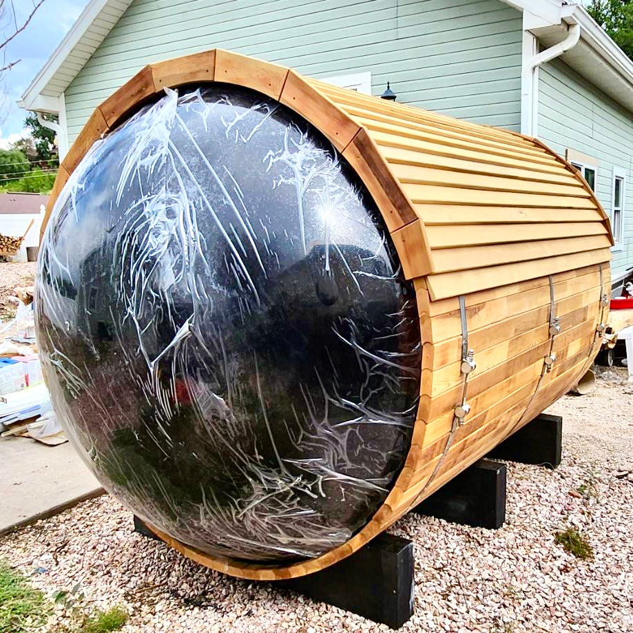 7' × 8' Oversized Panoramic View Barrel sauna, for 6-8 people