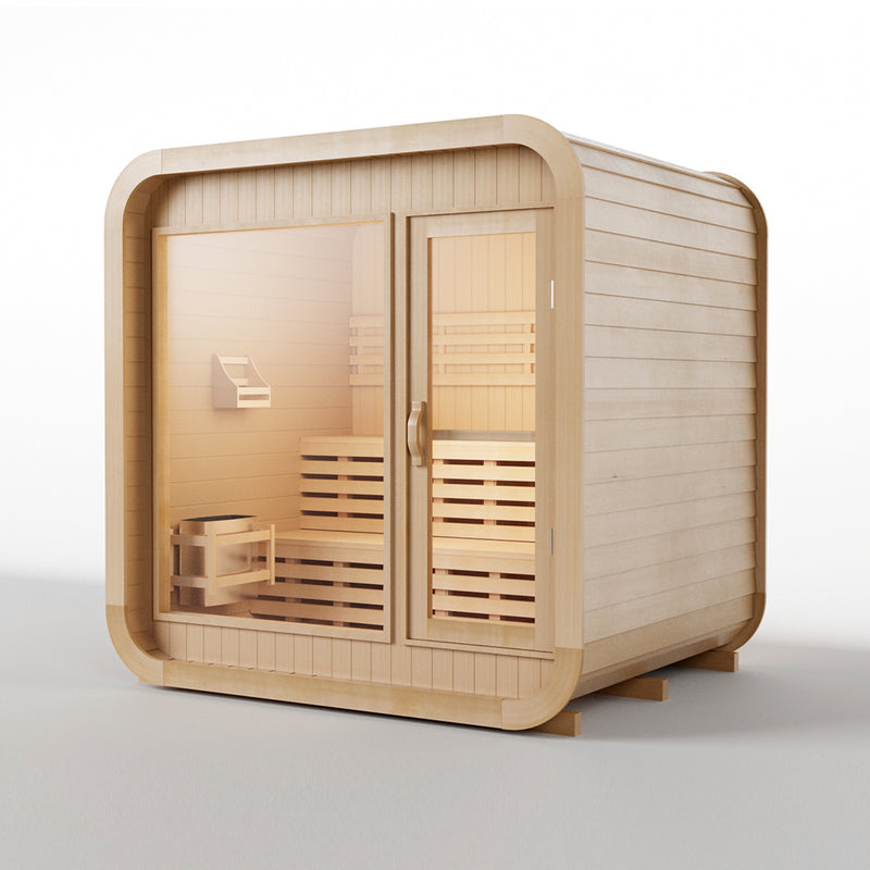 Smartmak 2-4 Person Outdoor Square Traditional Steam Sauna with Panoramic Glass Windows - Square 1