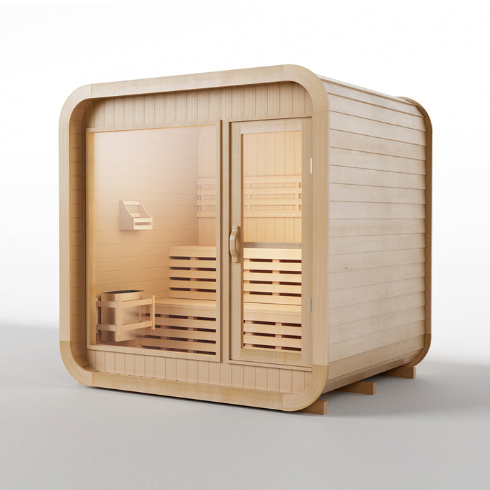 (New Style) Smartmak 2-4 Person Outdoor Square Traditional Steam Sauna with Panoramic Glass Windows - Square 1