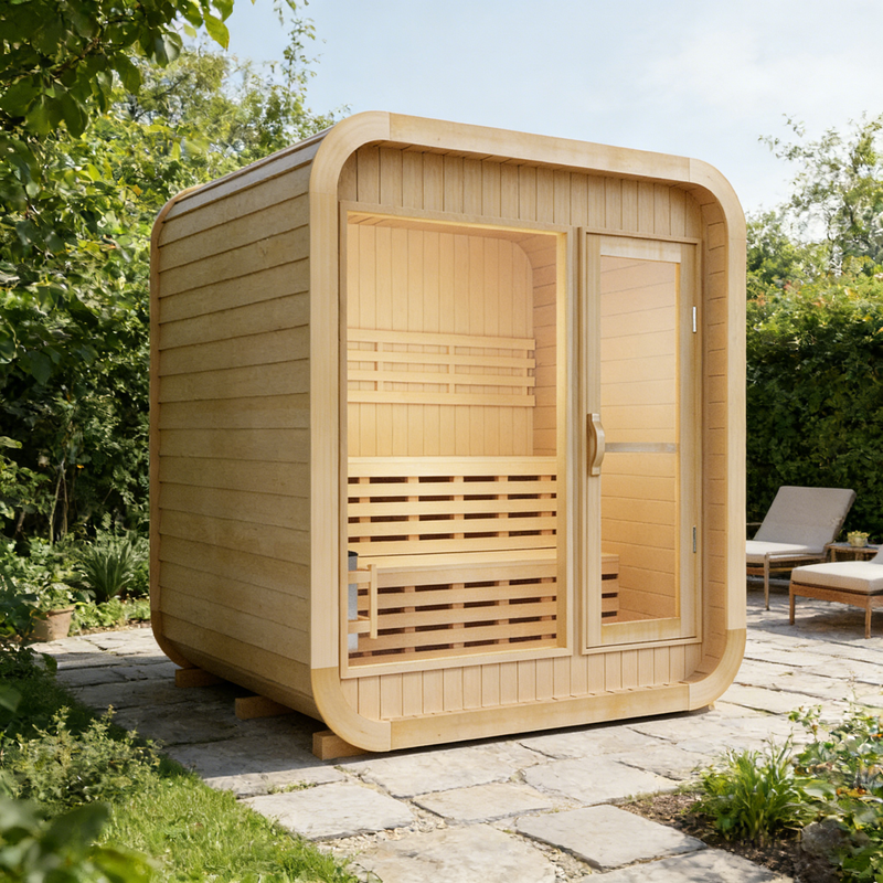 Smartmak 2-4 Person Outdoor Square Traditional Steam Sauna with Panoramic Glass Windows - Square 1
