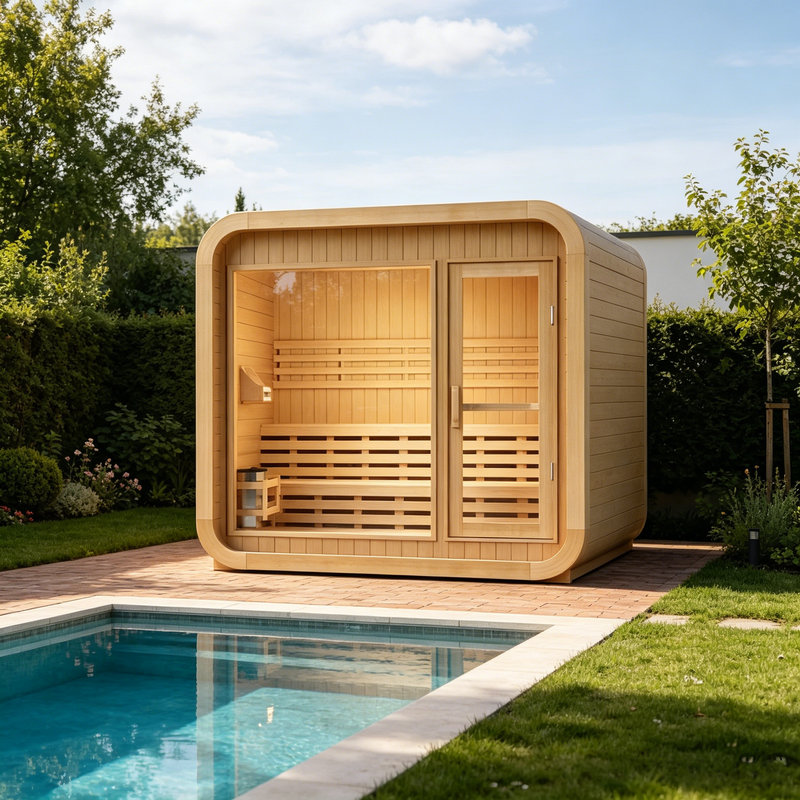 Smartmak 2-4 Person Outdoor Square Traditional Steam Sauna with Panoramic Glass Windows - Square 1