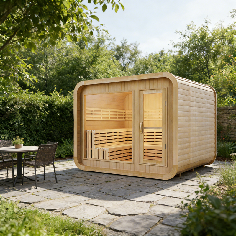 Smartmak 6-8 Person Outdoor Square Steam Sauna Featuring a Panoramic Glass Wall - Square 2