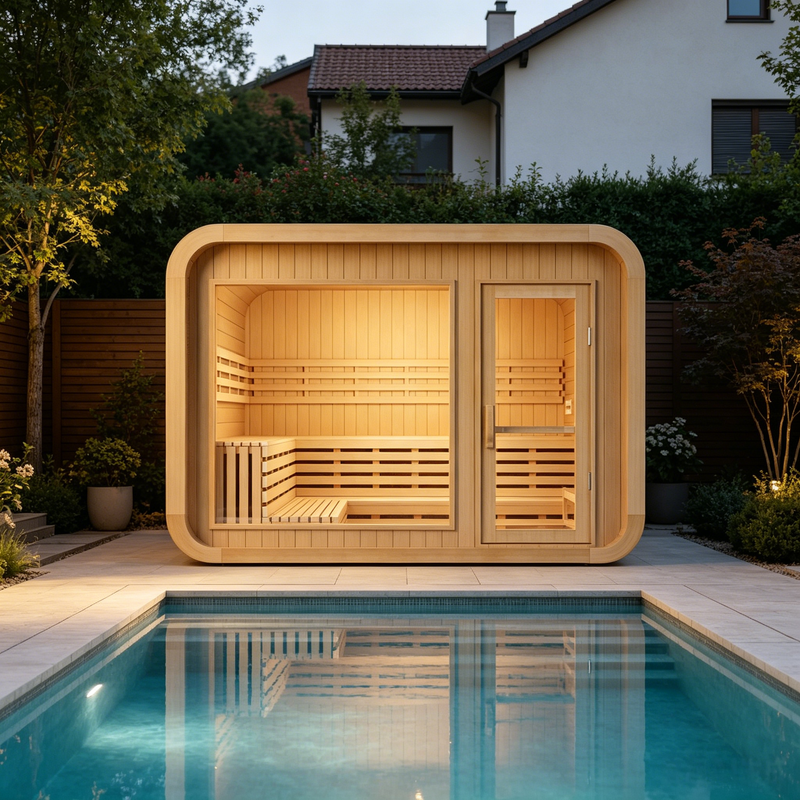Smartmak 6-8 Person Outdoor Square Steam Sauna Featuring a Panoramic Glass Wall - Square 2