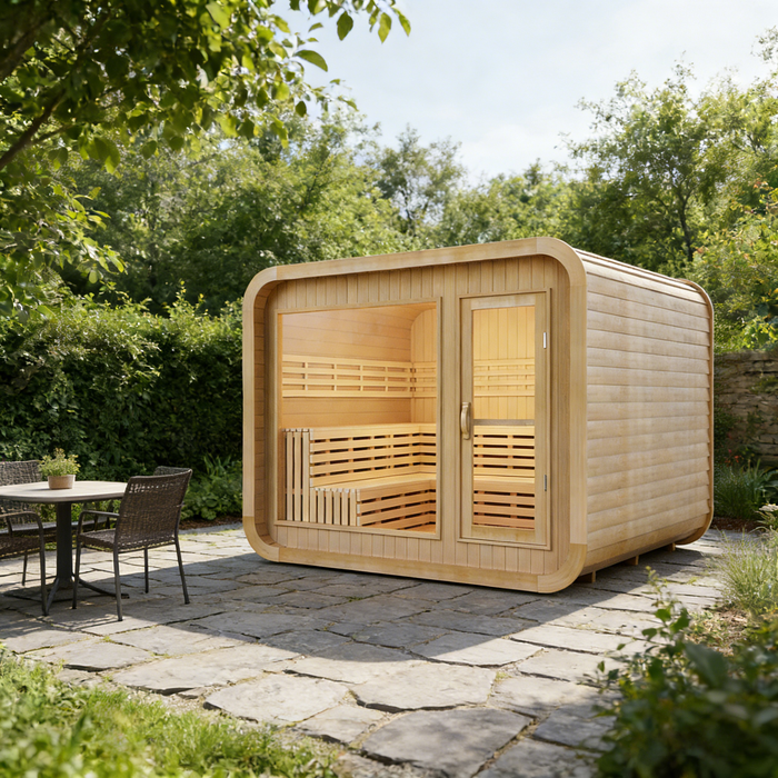 (New Style) Smartmak 6-8 Person Outdoor Square Steam Sauna Featuring a Panoramic Glass Wall - Square 2
