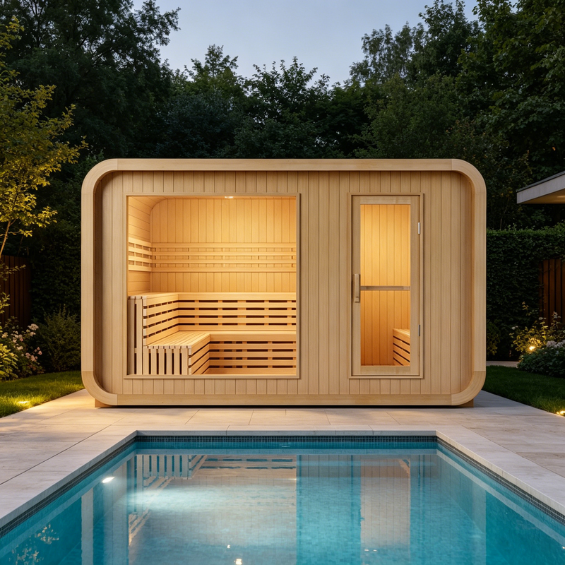 Smartmak 6-8 Person Outdoor Traditional Sauna with Panoramic Glass and Integrated Lounge/Changing Area - Square 3