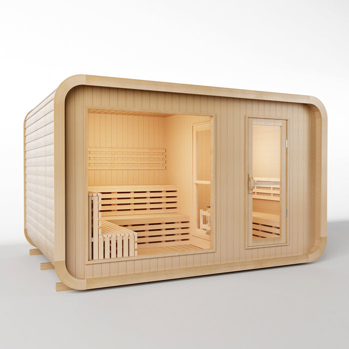(New Style) Smartmak 6-8 Person Outdoor Traditional Sauna with Panoramic Glass and Integrated Lounge/Changing Area - Square 3