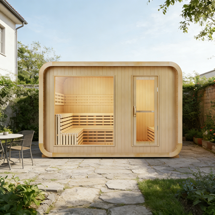 (New Style) Smartmak 6-8 Person Outdoor Traditional Sauna with Panoramic Glass and Integrated Lounge/Changing Area - Square 3