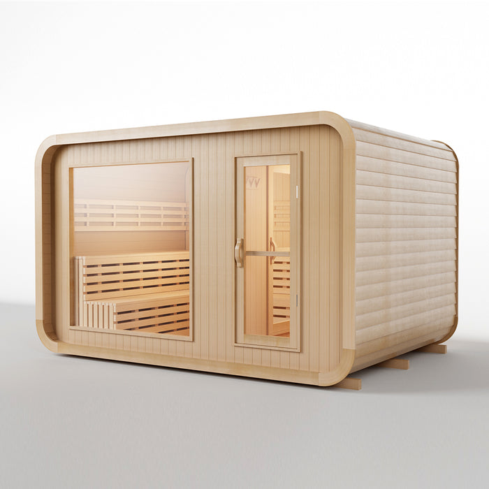 (New Style) Smartmak 6-8 Person Outdoor Traditional Sauna with Panoramic Glass and Integrated Lounge/Changing Area - Square 3