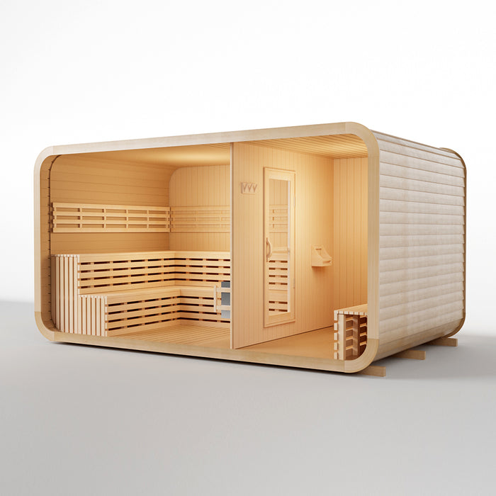 (New Style) Smartmak 8-10 People Outdoor Square Traditional Steam Sauna with Panoramic Window & Changing Lounge - Square 4