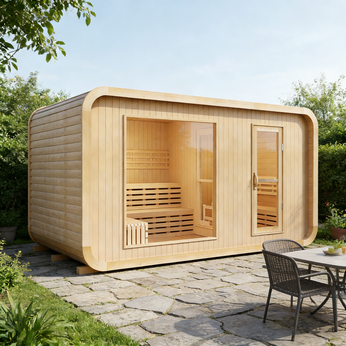 (New Style) Smartmak 8-10 People Outdoor Square Traditional Steam Sauna with Panoramic Window & Changing Lounge - Square 4