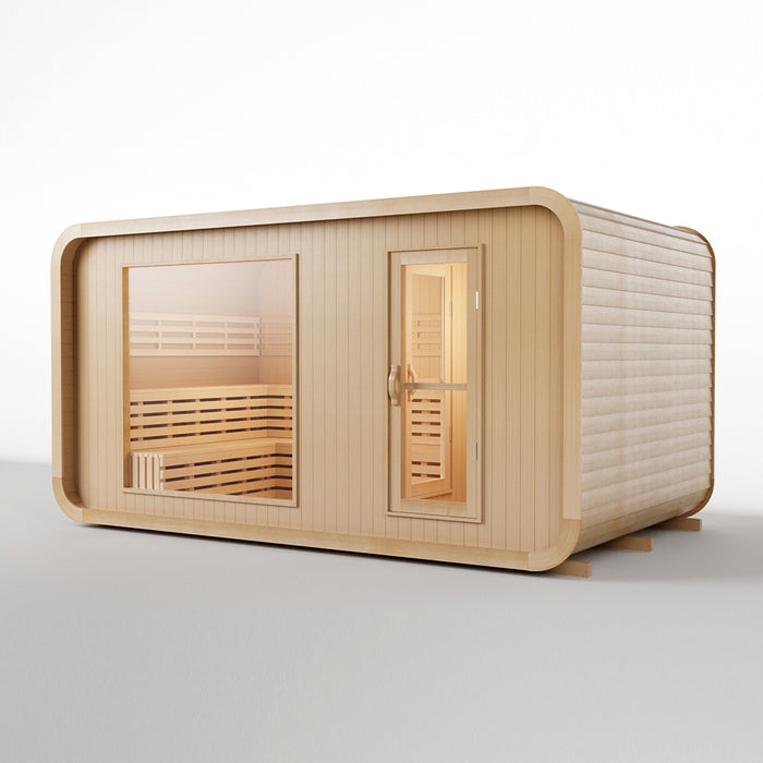 (New Style) Smartmak 8-10 People Outdoor Square Traditional Steam Sauna with Panoramic Window & Changing Lounge - Square 4