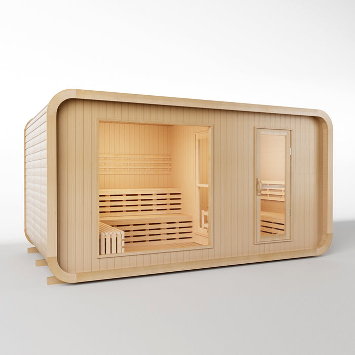 (New Style) Smartmak 8-10 People Outdoor Square Traditional Steam Sauna with Panoramic Window & Changing Lounge - Square 4