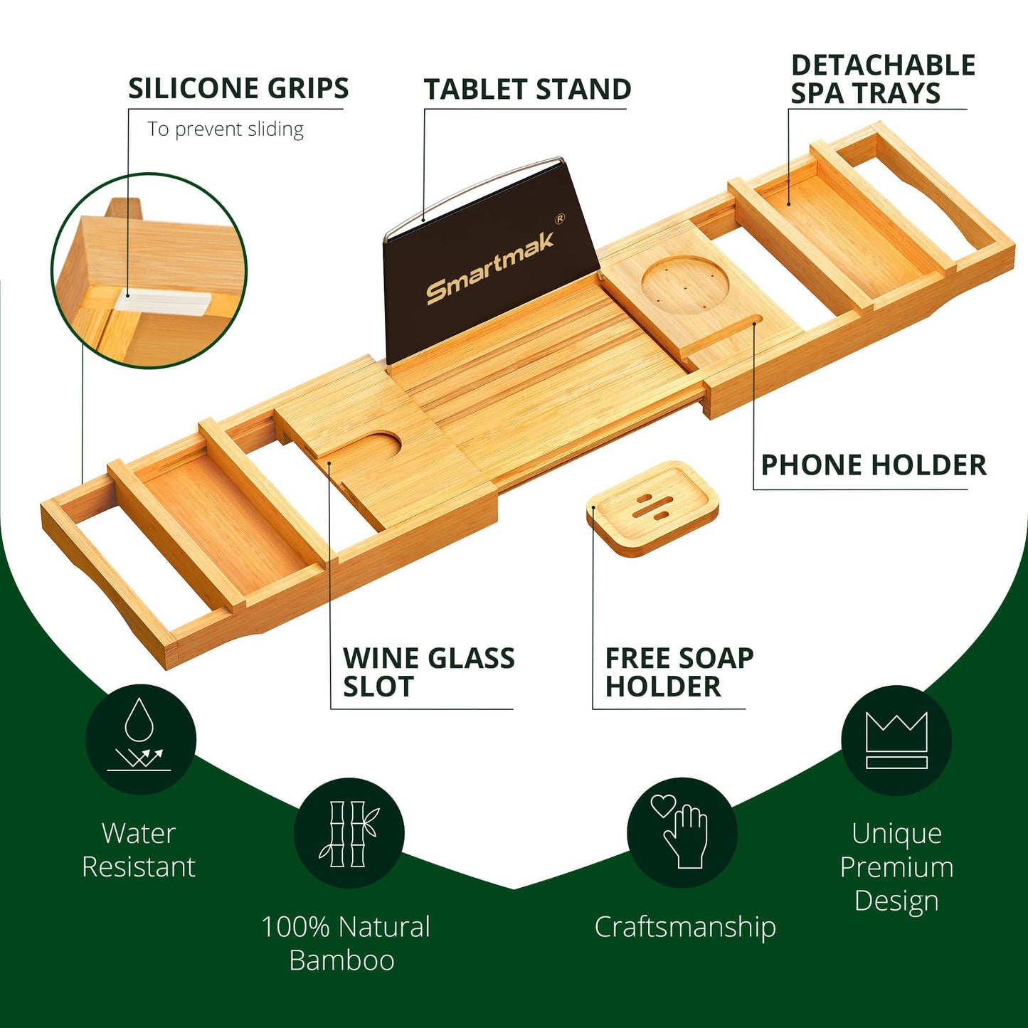 Smartmak Natural Bamboo Bathtub Caddy
